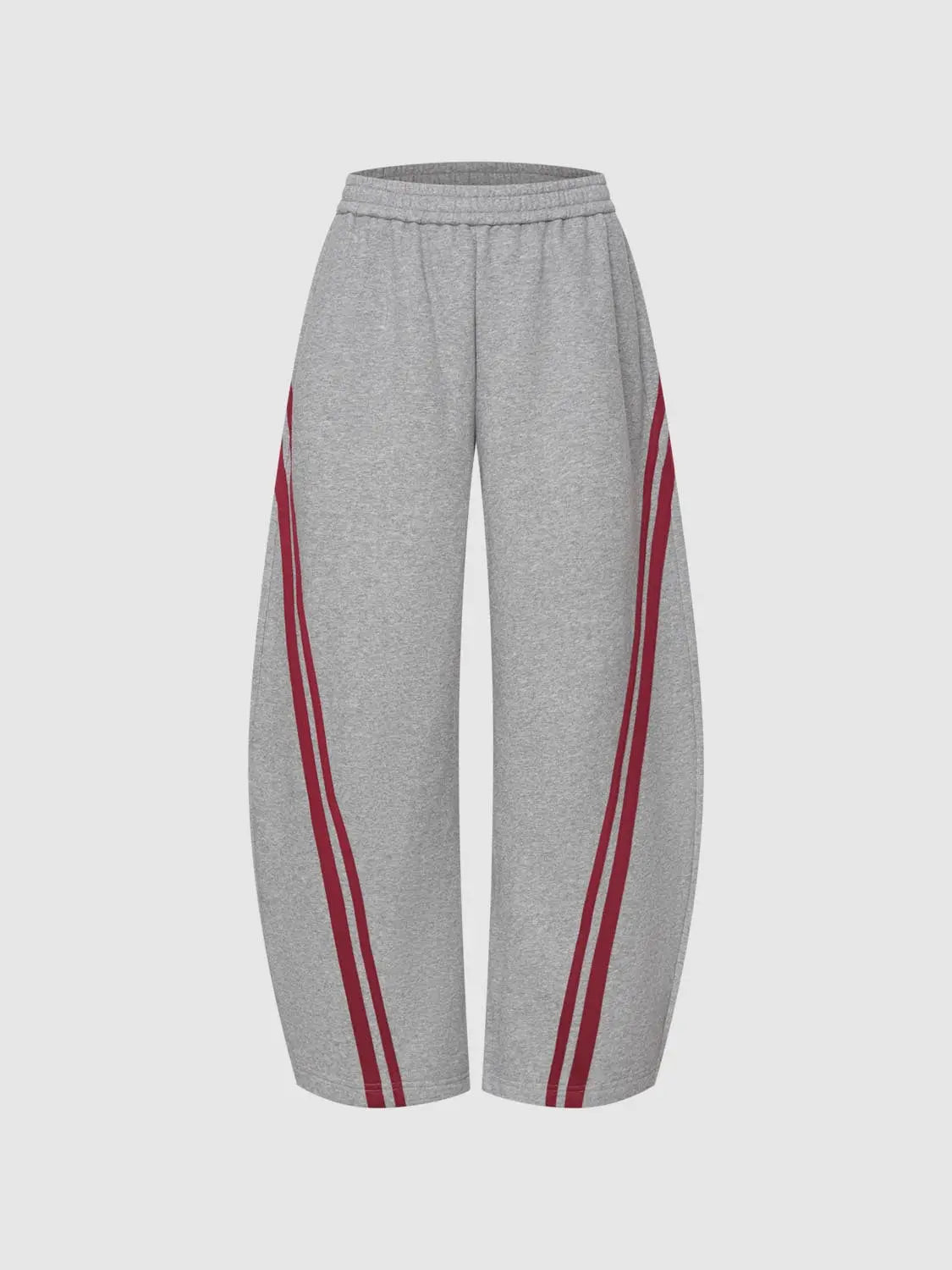 Barrel-Leg Pants in grey with maroon side stripes.