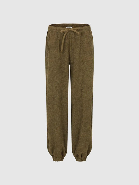 Pantalon jogger droit en mélange de coton texturé, à taille à cordon de serrage et chevilles élastiquées