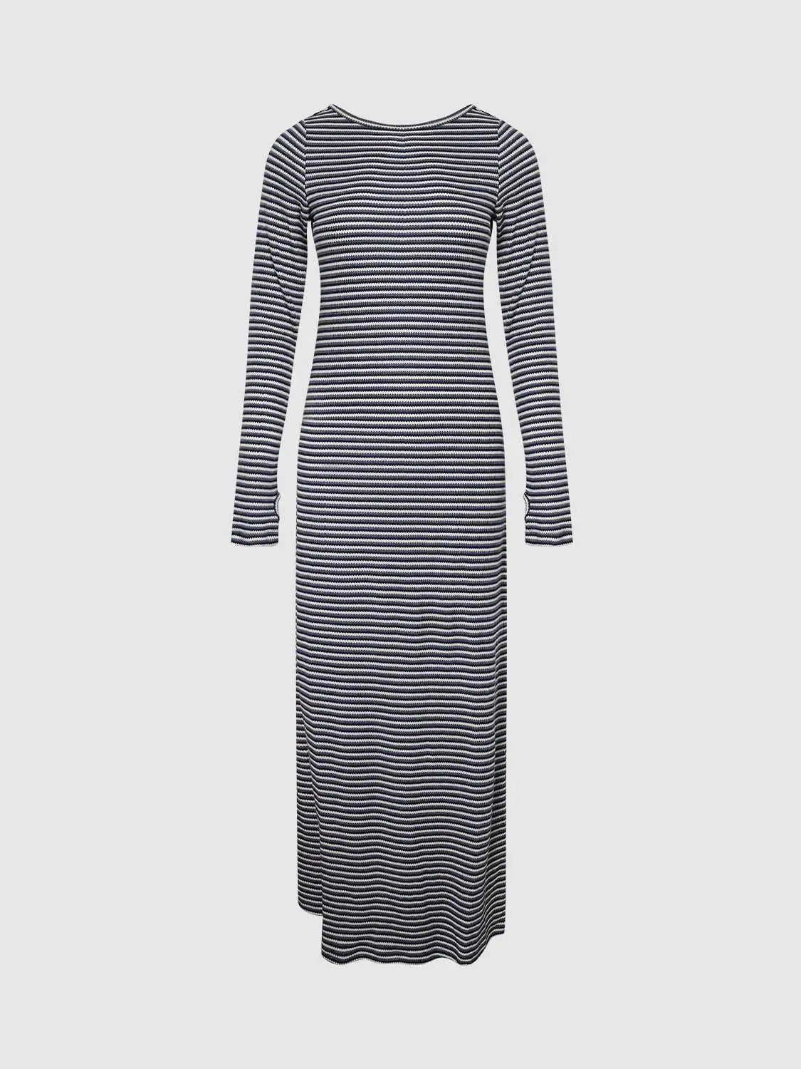 Back Cut-Out Striped Maxi Dress by Urban Revivo Fashion, long-sleeve navy and white stripes