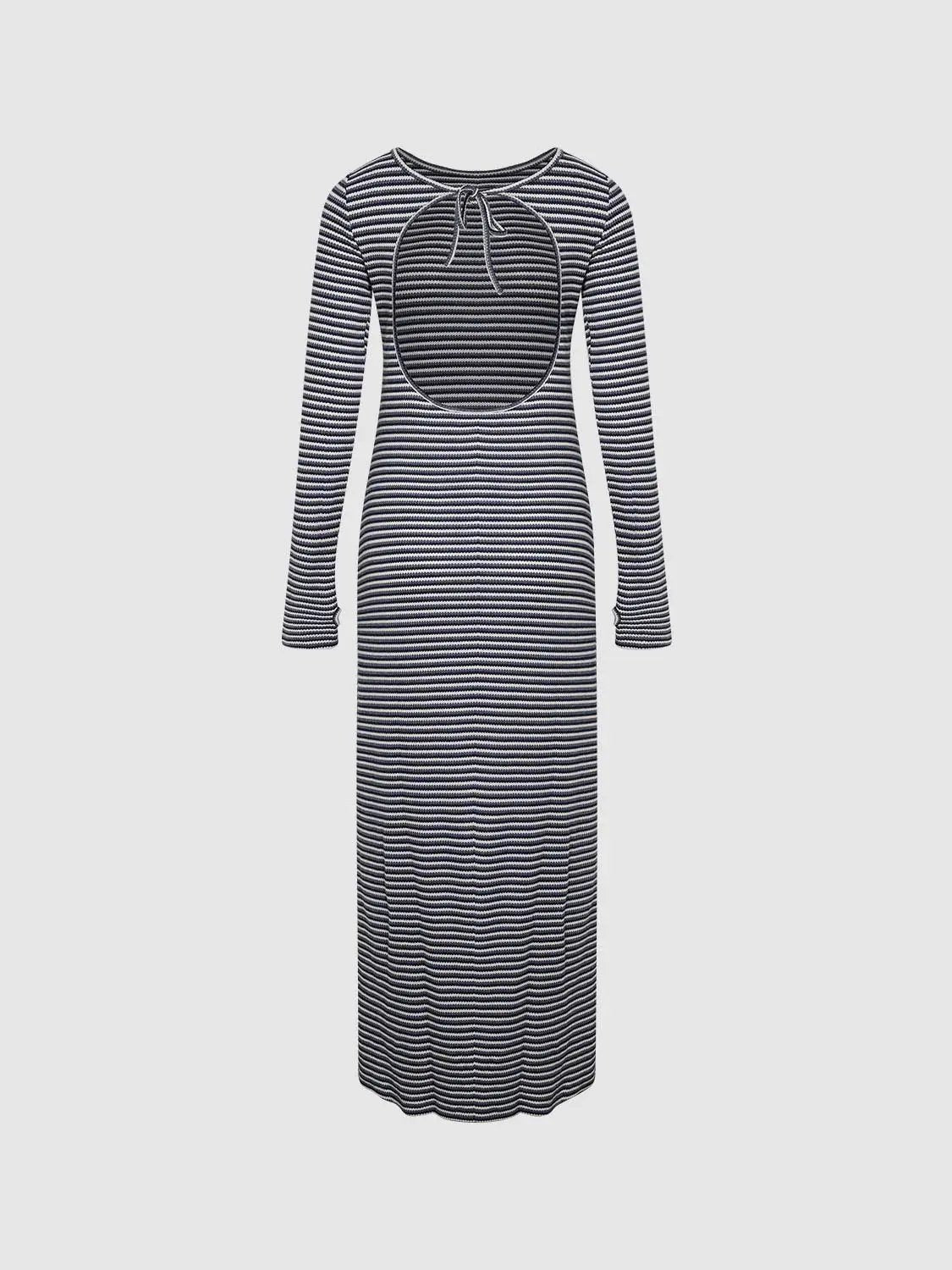 Back Cut-Out Striped Maxi Dress; navy and white knit with round front cut-out and tie neckline, Urban Revivo Fashion