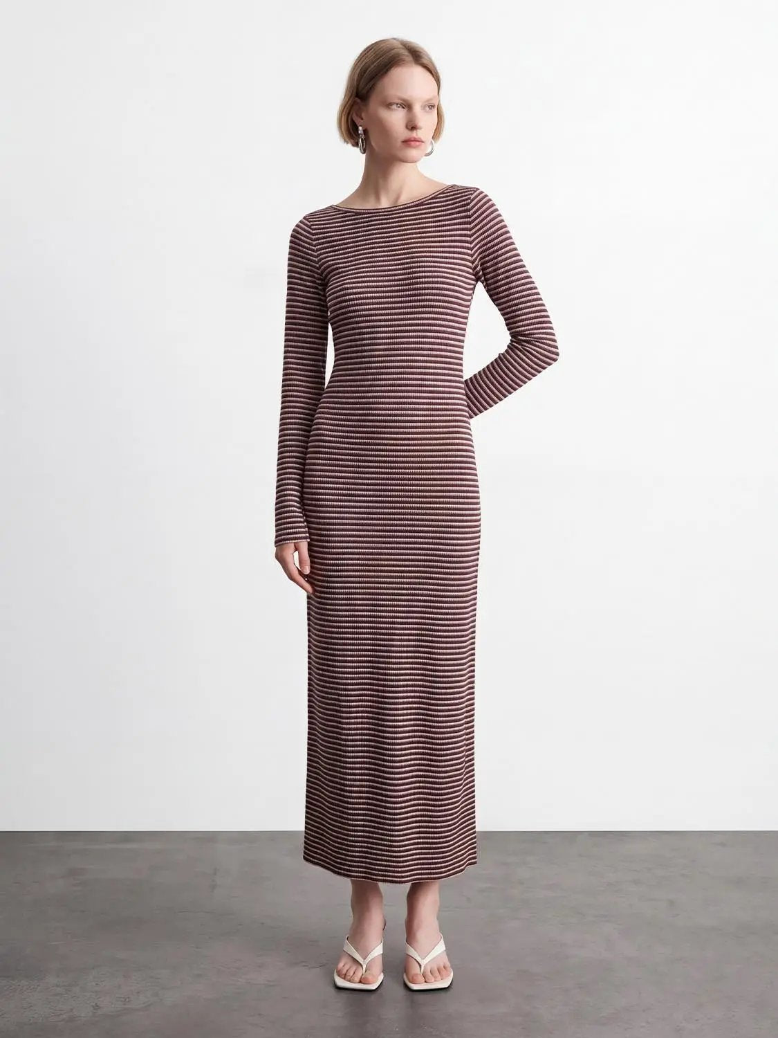 Back Cut-Out Striped Maxi Dress, brown and cream stripes, long-sleeve, floor-length.