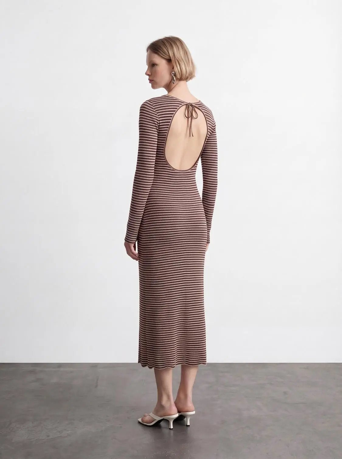 Back Cut-Out Striped Maxi Dress by Urban Revivo Fashion, brown-beige knit with open back and tie detail