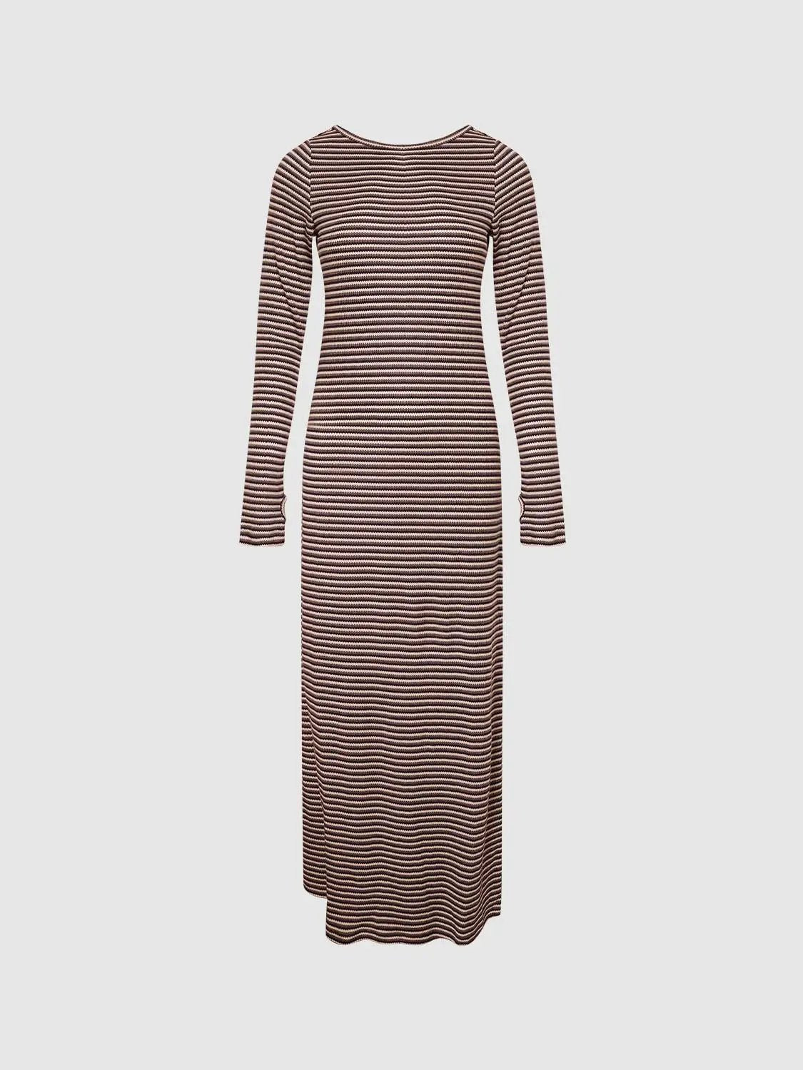 Urban Revivo Fashion back-cutout striped maxi dress, brown and cream long-sleeve