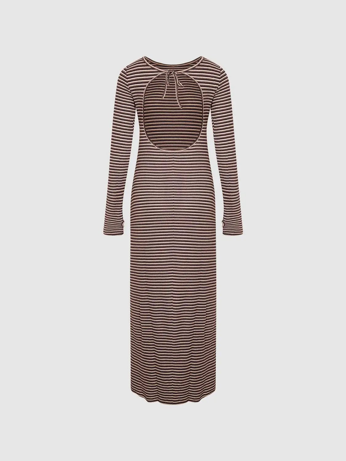 Back Cut-Out Striped Maxi Dress with brown and beige stripes and long sleeves