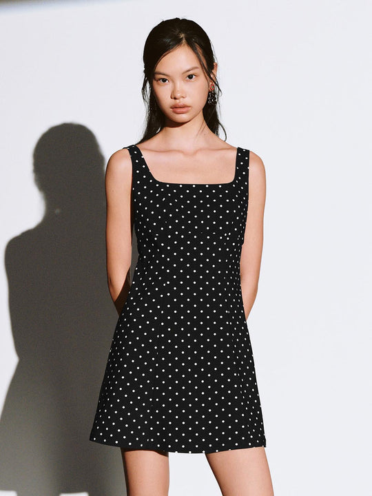 Square Neck Polka Dotted A-Line Midi Dresses