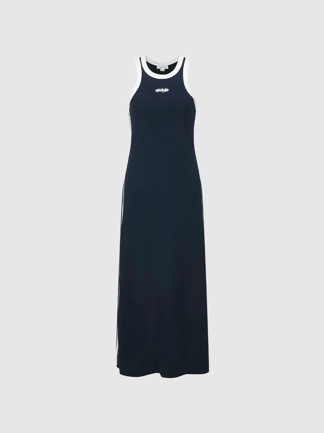 H-line With White Side Stripes Cotton Dress, navy blue sleeveless maxi with white trim