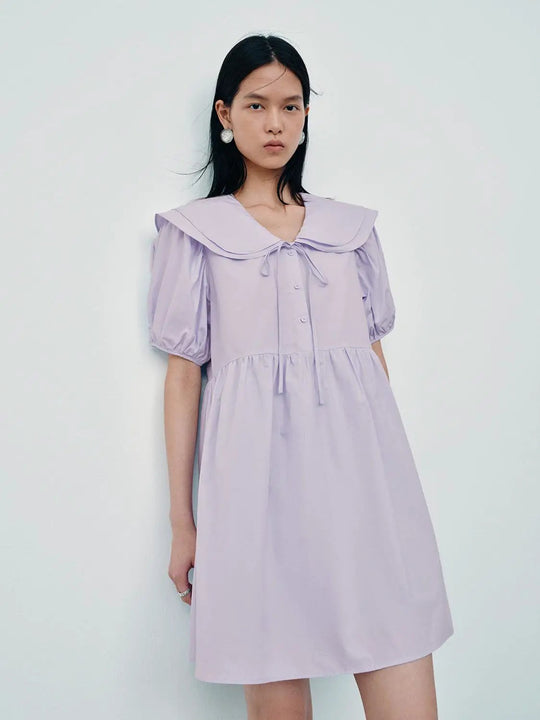 Cotton Crisp Sailor Collar Puff Sleeve Midi Dress