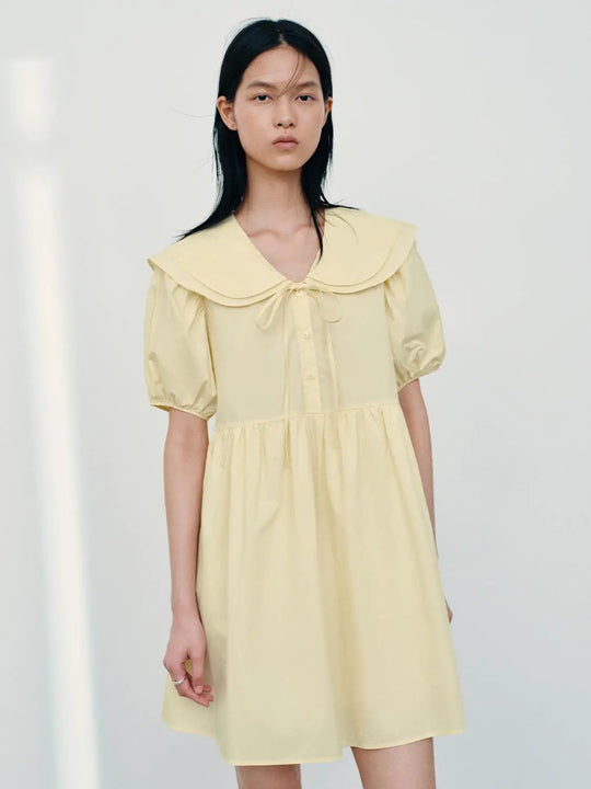 Cotton Poplin Textured Puff Sleeve A-Line Midi Dress