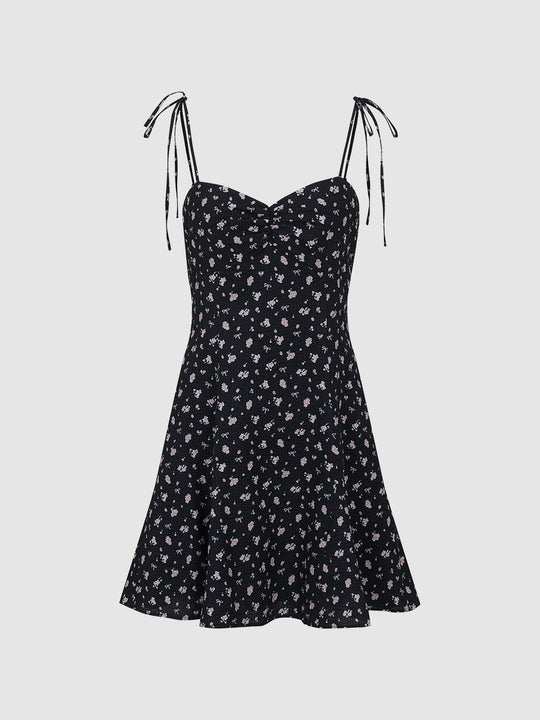 Floral Printed Shirring Detail Strappy A-Line Midi Dresses