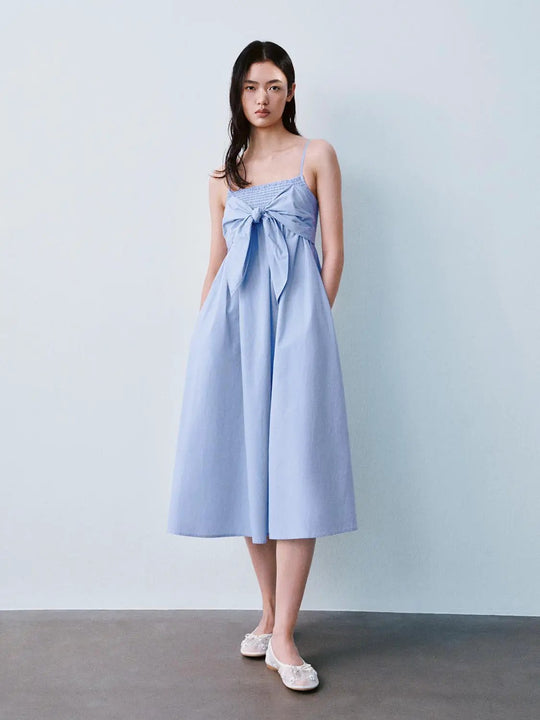 Cotton Strappy Bow Tie Front A-Line Midi Dress