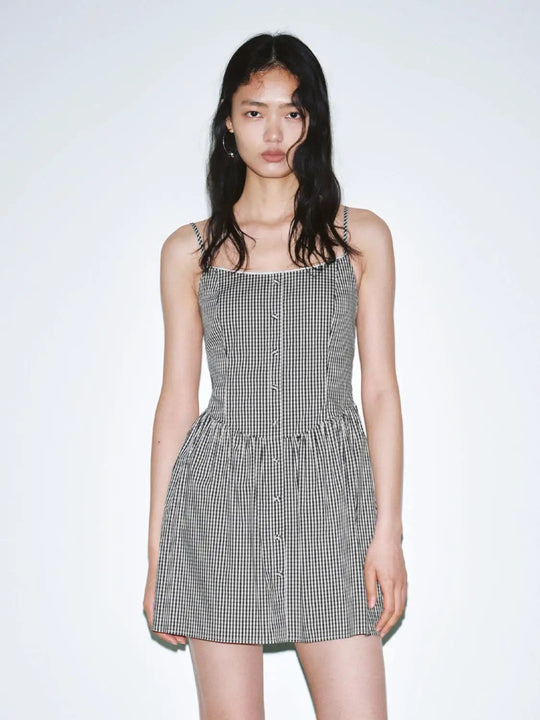 Contrast Striped Strappy Button Detail A Line Mini Dresses