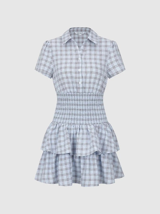 Cotton Check Smocked Waist Tiered Ruffle Dresses