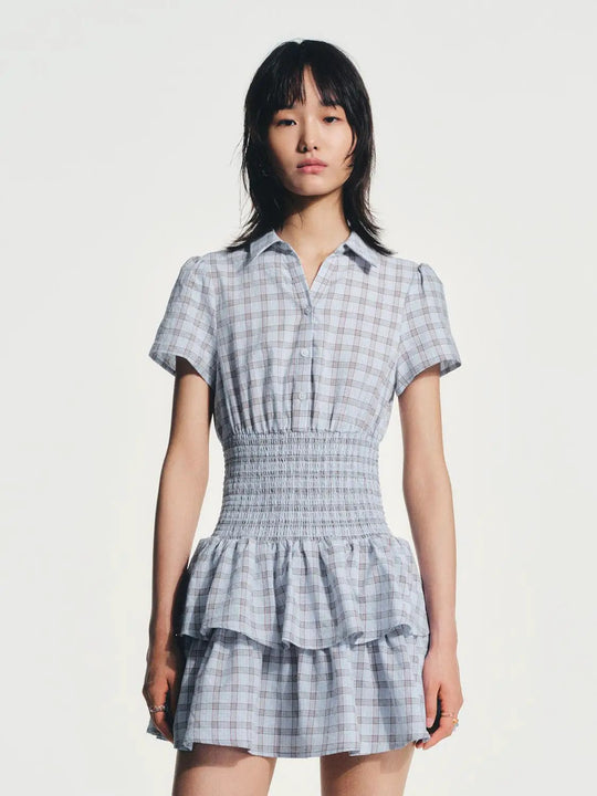 Cotton Check Smocked Waist Tiered Ruffle Dress