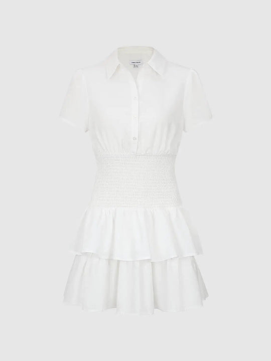 Tiered Ruffle Hem Button Down Polo Neck A-Line Midi Dresses