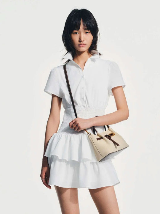 Tiered Ruffle Hem Button Down Polo Neck A-Line Midi Dress