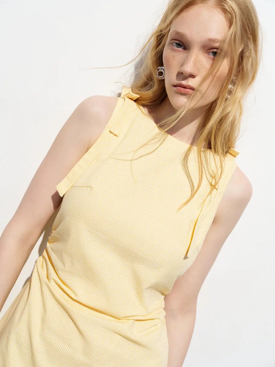 Minimal Subtle Stretch Thin Fabric Dress, soft yellow gingham, sleeveless A-line by Urban Revivo Fashion