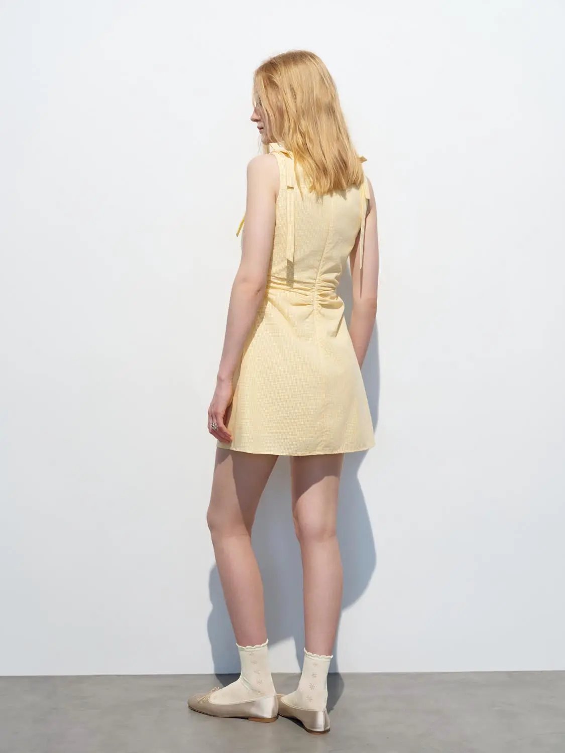 Minimal Subtle Stretch Thin Fabric Dress, pale yellow A-line dress, back view
