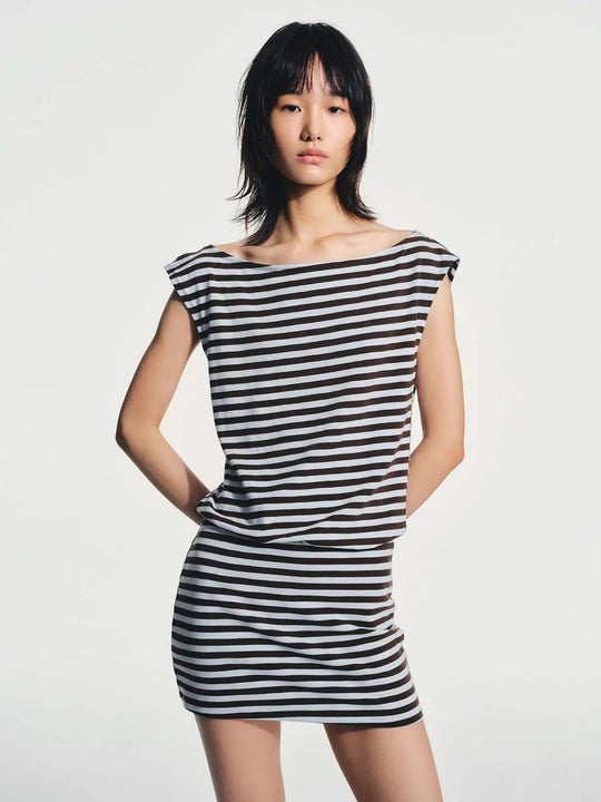 Cotton Elastane Striped Soft Knit Midi Dress