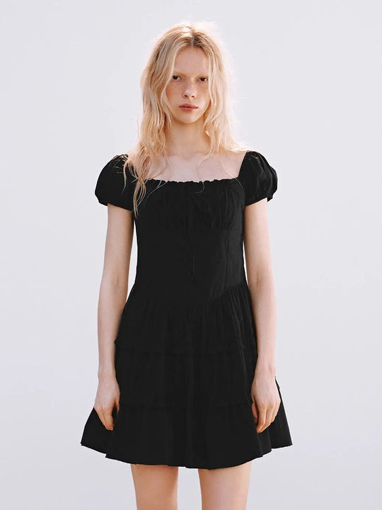 Cotton Tiered Short Puff-Sleeve A-Line Mini Dress