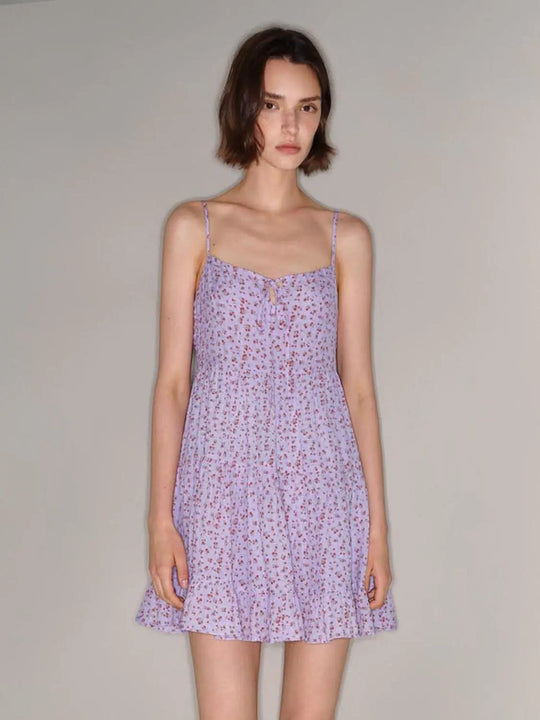 Spaghetti Strap Tie Floral Tiered Lined A-Line Mini Dress