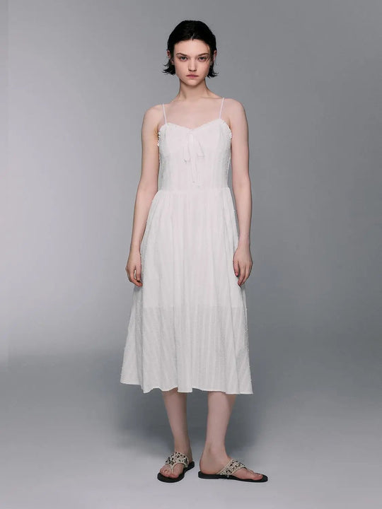 Textured Bodice Pleats Sleeveless A-Line Cotton Midi Dress