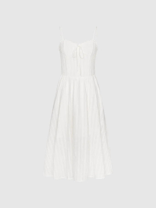 Cotton Textured Bodice Pleats Sleeveless A-Line Midi Dress