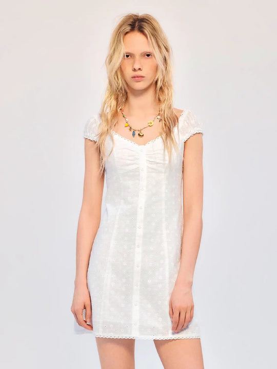 Cotton Embroidered Button Front A-Line Mini Dress