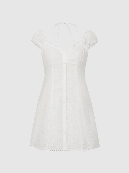 Cotton Embroidered Button Front A-Line Mini Dress