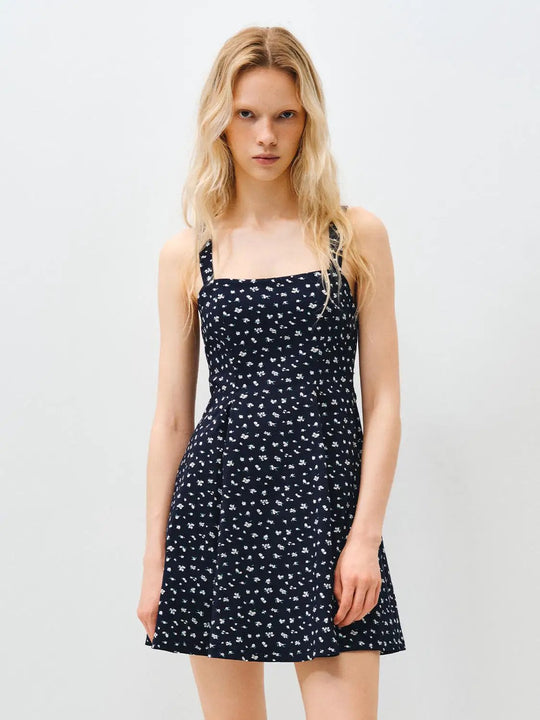 Delicate Floral A-line Sleeveless Navy Dress