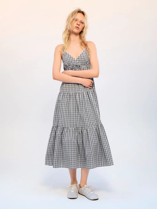 A-line Tiered Gingham Spaghetti Strapped Cotton Dress