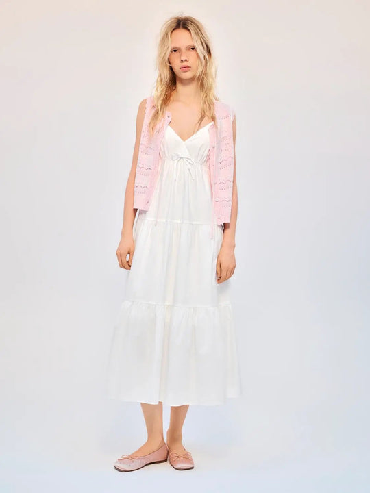 Tiered A-line Cotton Midi Dress With Bow Detail