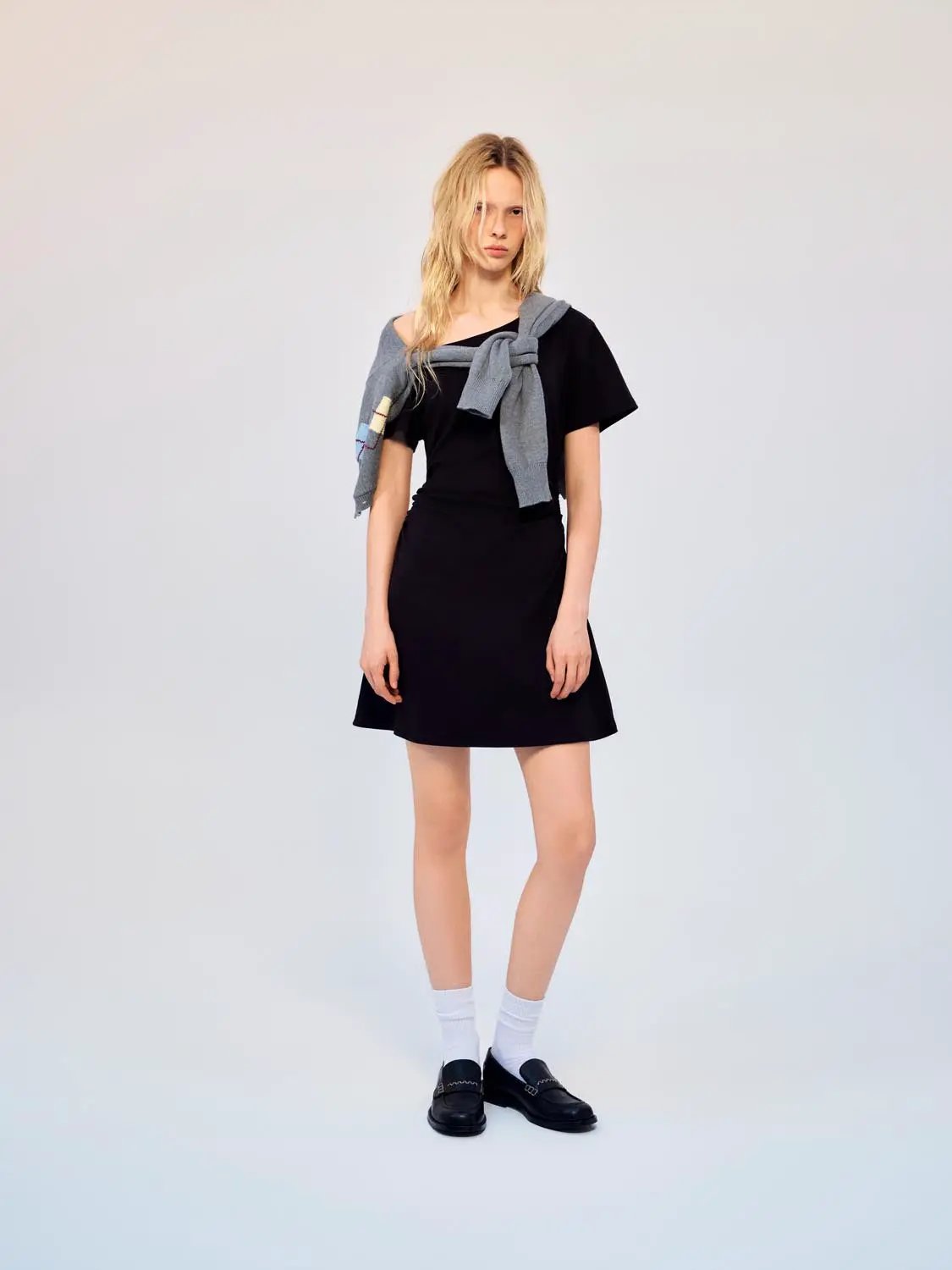 Cotton A-Line Dress, black, short sleeves, worn by model.