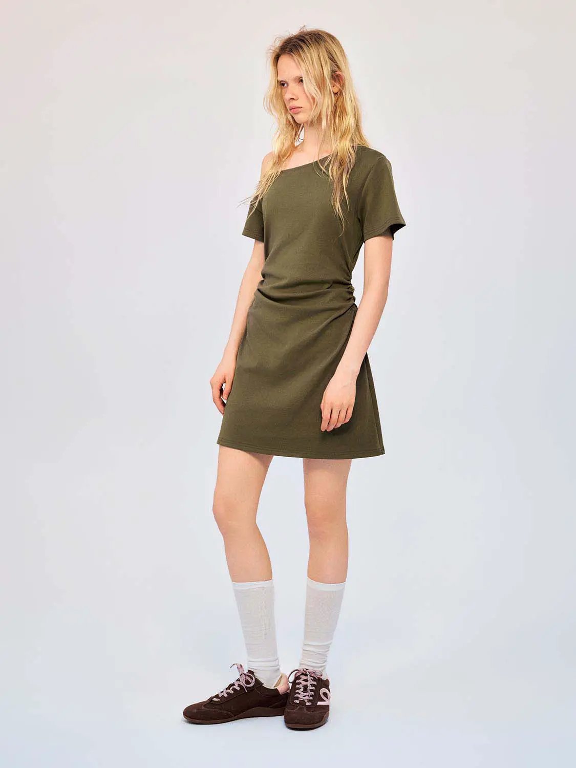 Cotton A-line dress in olive green with short sleeves, knee-length for casual wear.