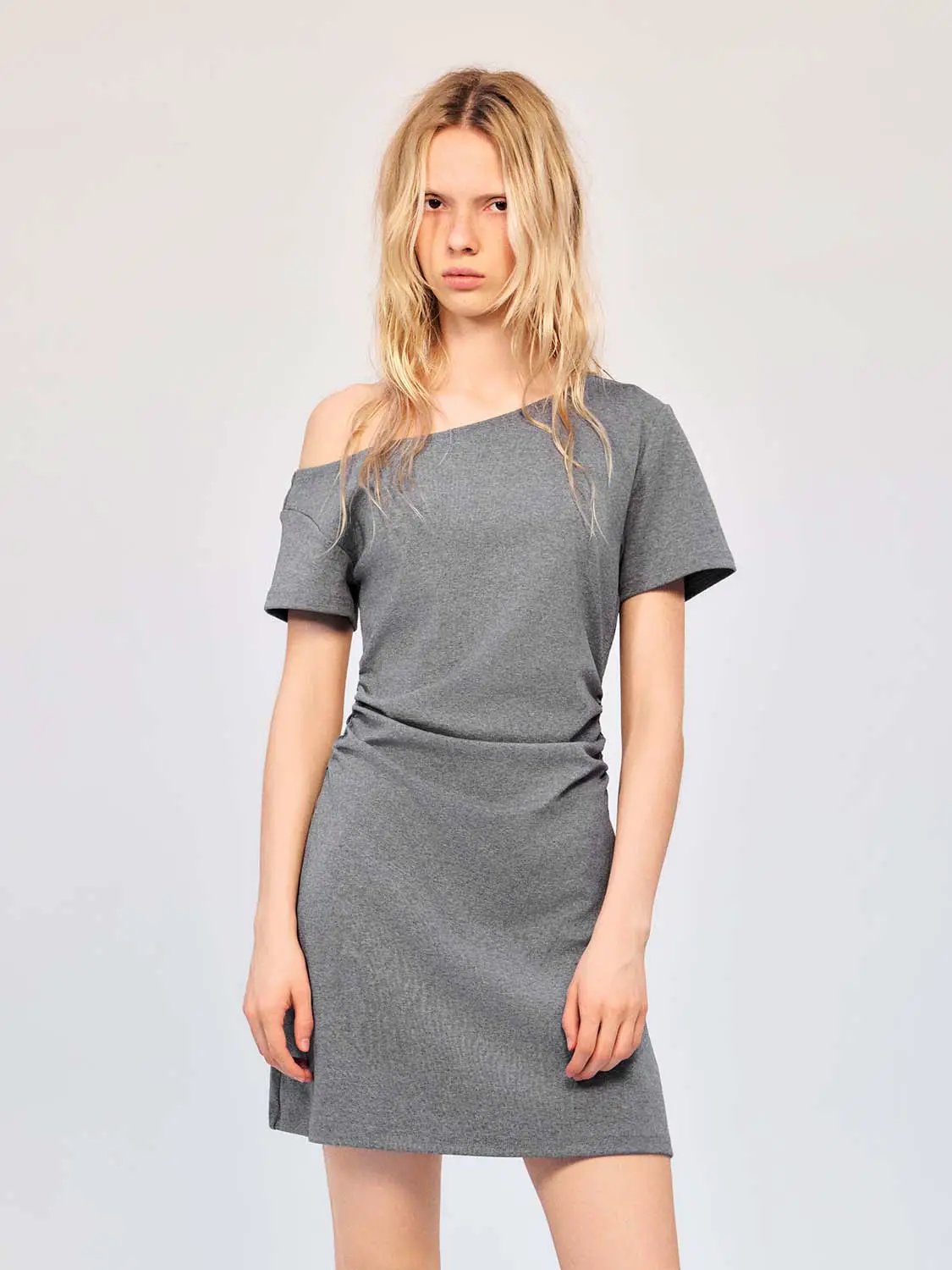 Cotton A-Line Dress in gray with a one-shoulder neckline and short sleeves