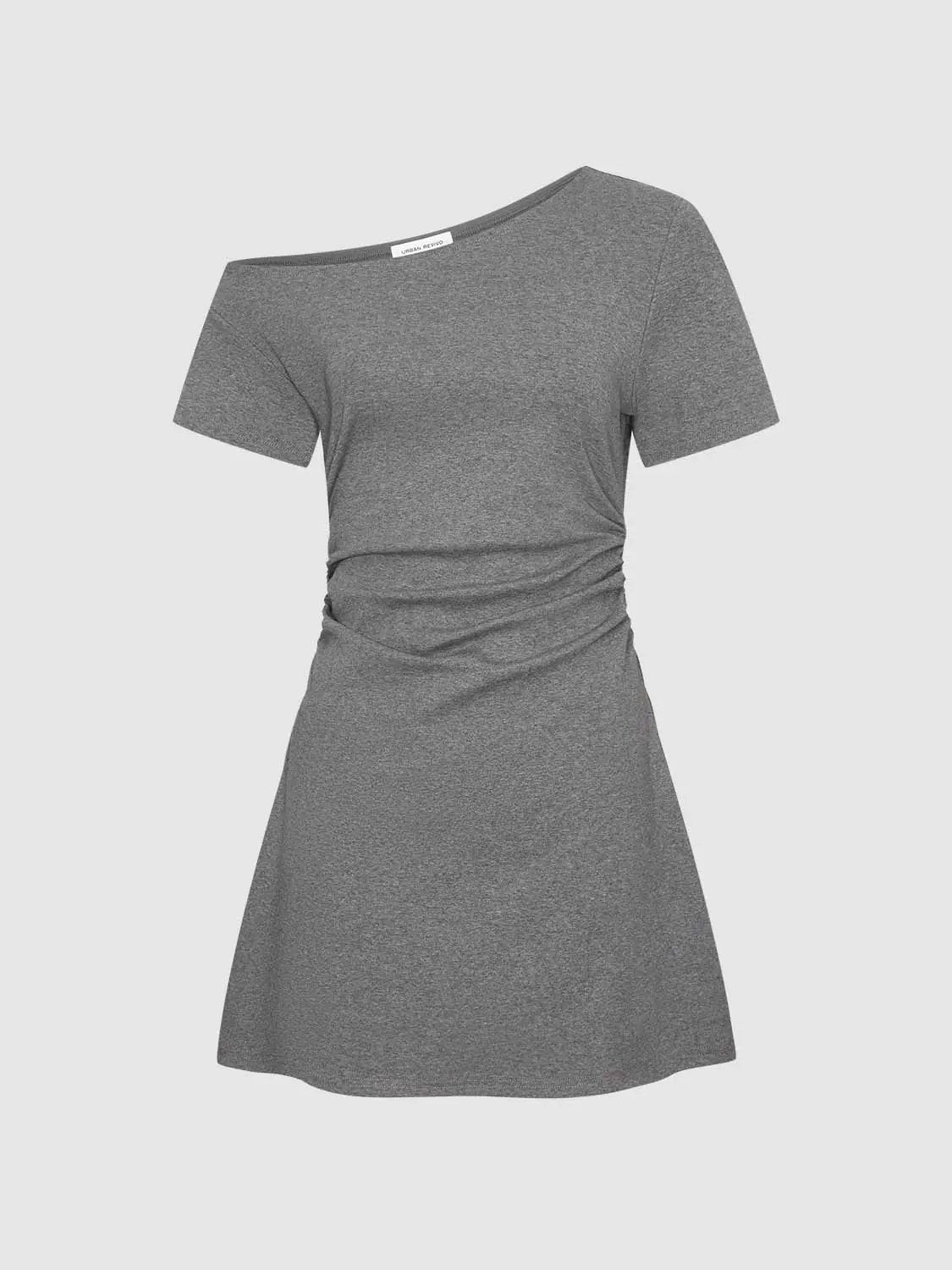 Cotton A-line dress heather gray with short sleeves and ruched waist, Urban Revivo Fashion