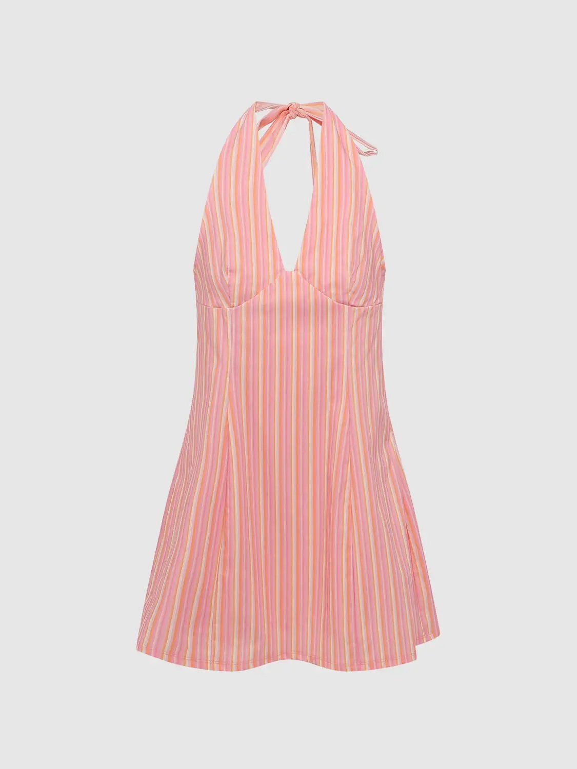 A-line dress with pink pastel vertical stripes, halter-neck with tied straps.