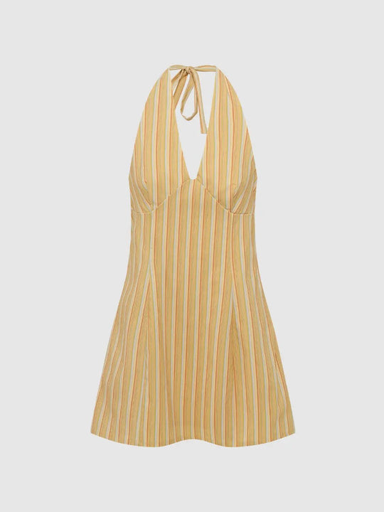 Tie Neck Striped A-Line Sleeveless Mini Dress