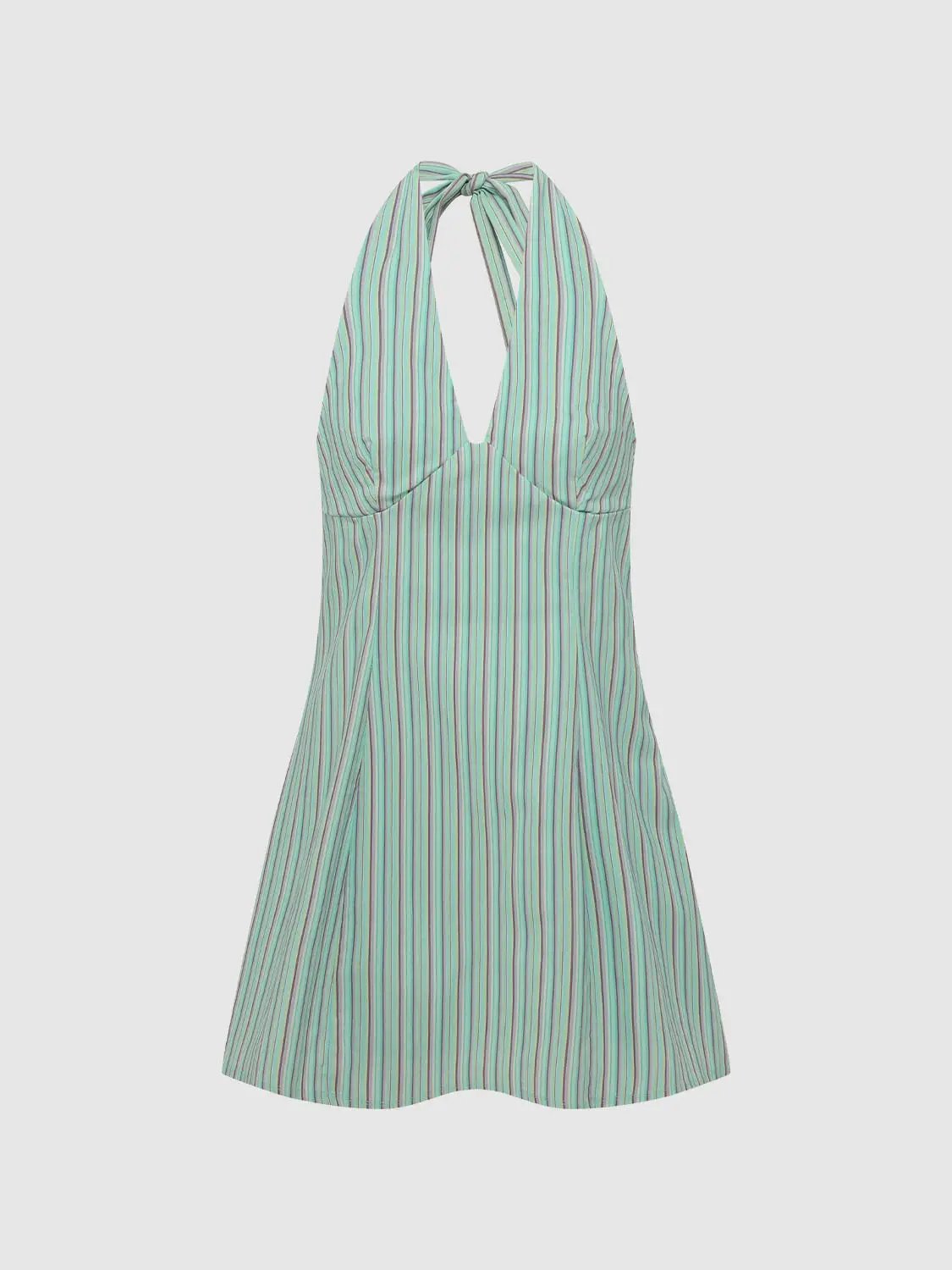 A-Line Dress with mint-green vertical stripes and halter-neck ties