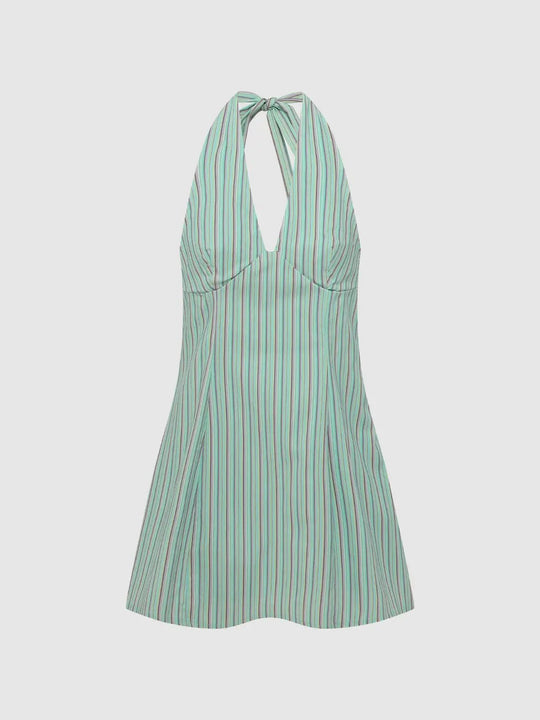 Striped Fitted Bodice Tie Halter Sleeveless A-Line Dress