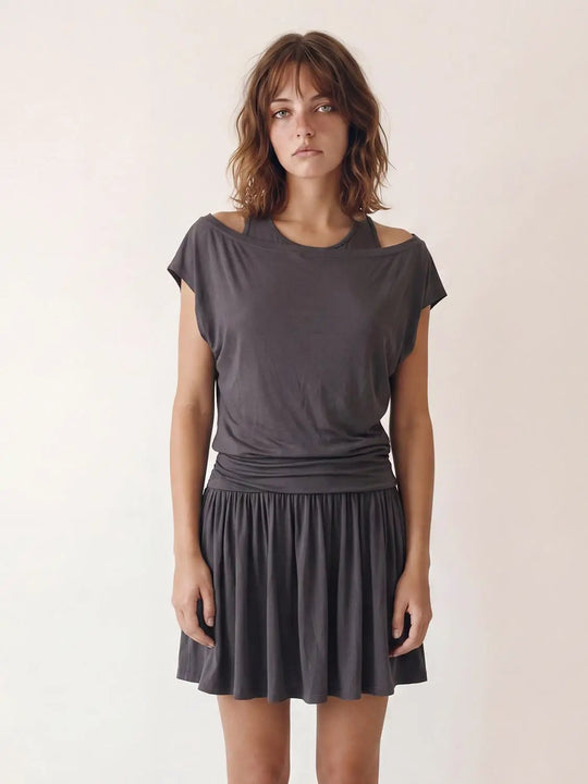 A-line Charcoal Solid Ruched Waist Short Sleeve Dress