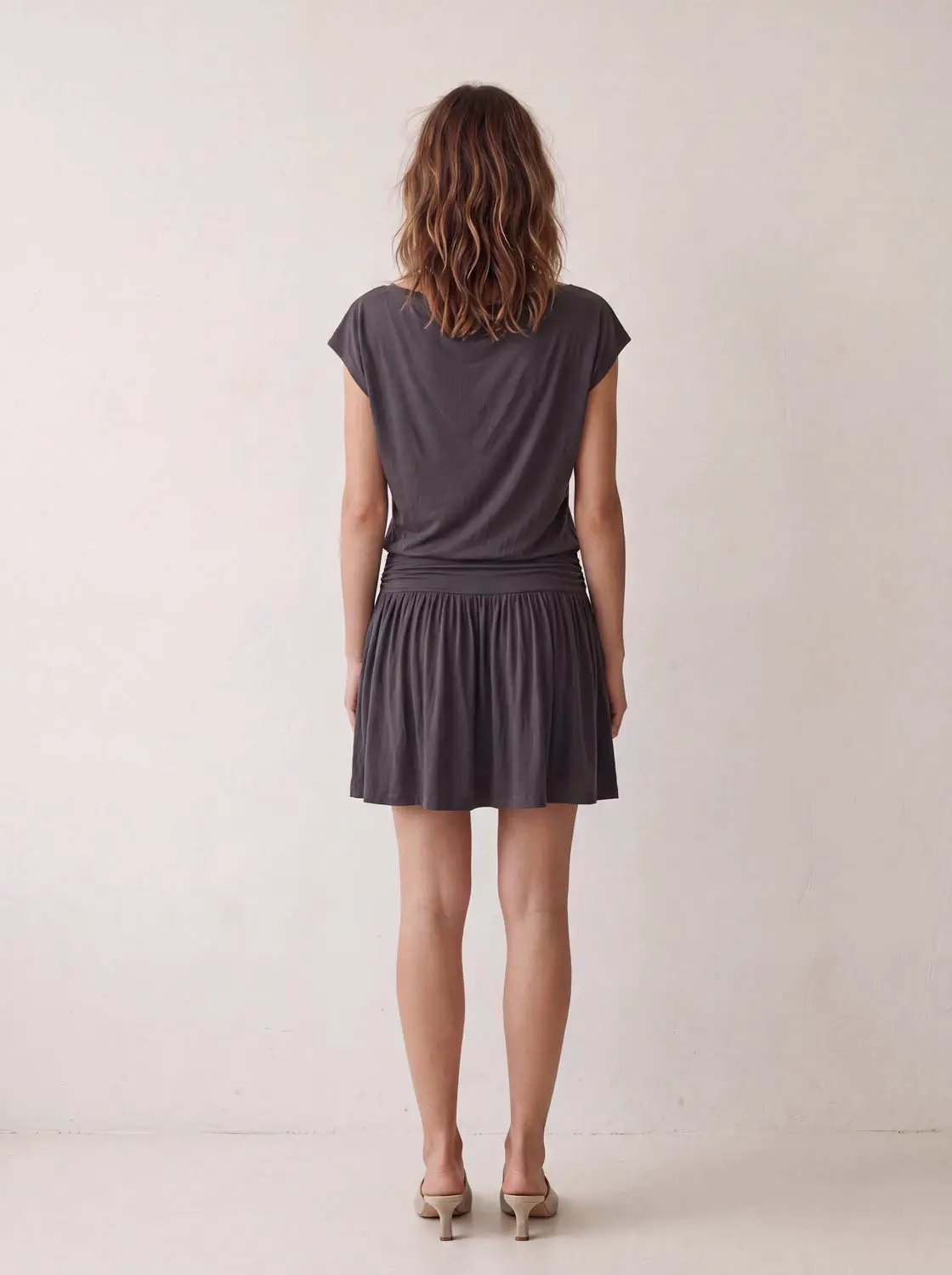 A-Line Dress, charcoal gray, cap sleeves, gathered waist, above-knee length