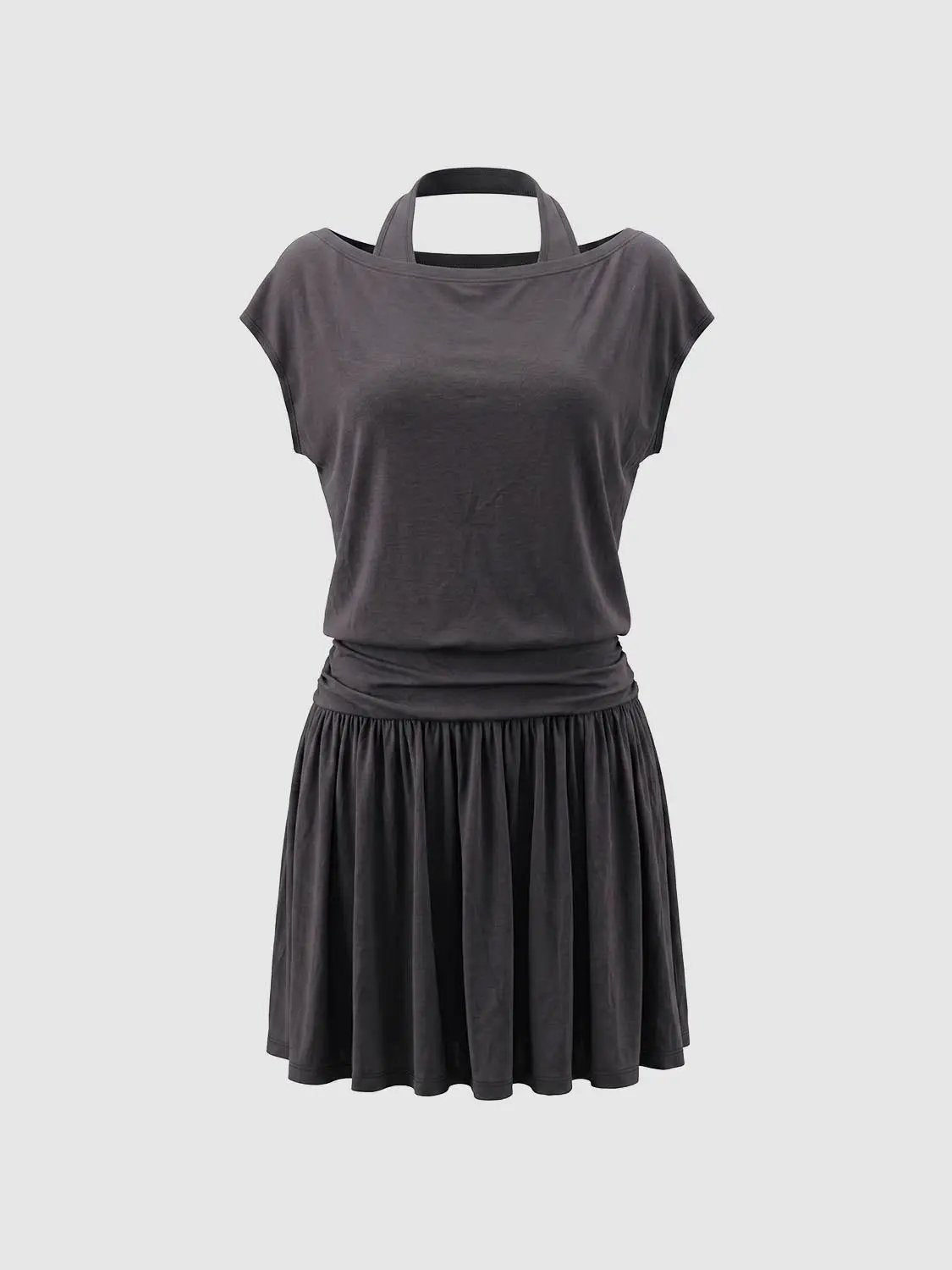 A-Line Dress, charcoal grey with short sleeves and gathered skirt, Urban Revivo Fashion