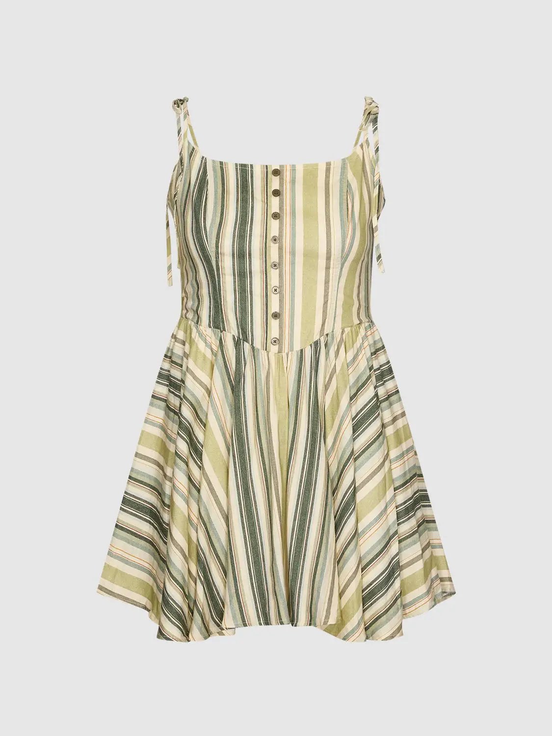 Dress: A-line striped dress in green, beige and blue with button-front bodice and shoulder-tie straps