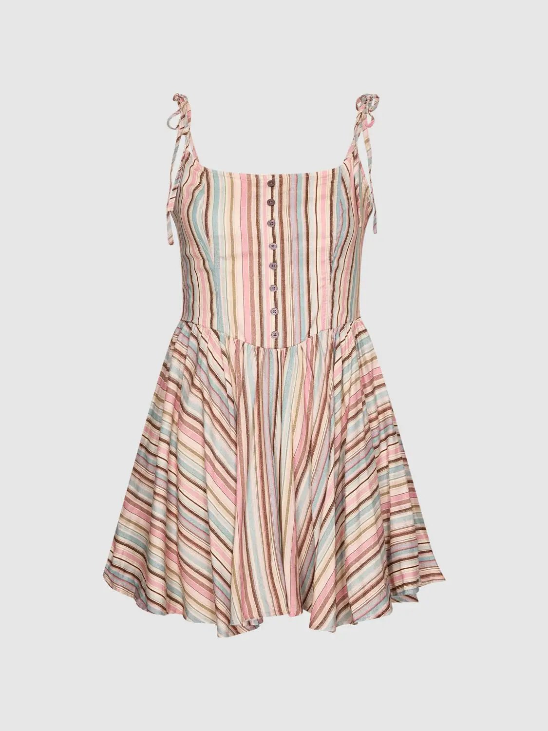 A-Line dress by Urban Revivo Fashion in pastel striped pattern with tie straps and button front