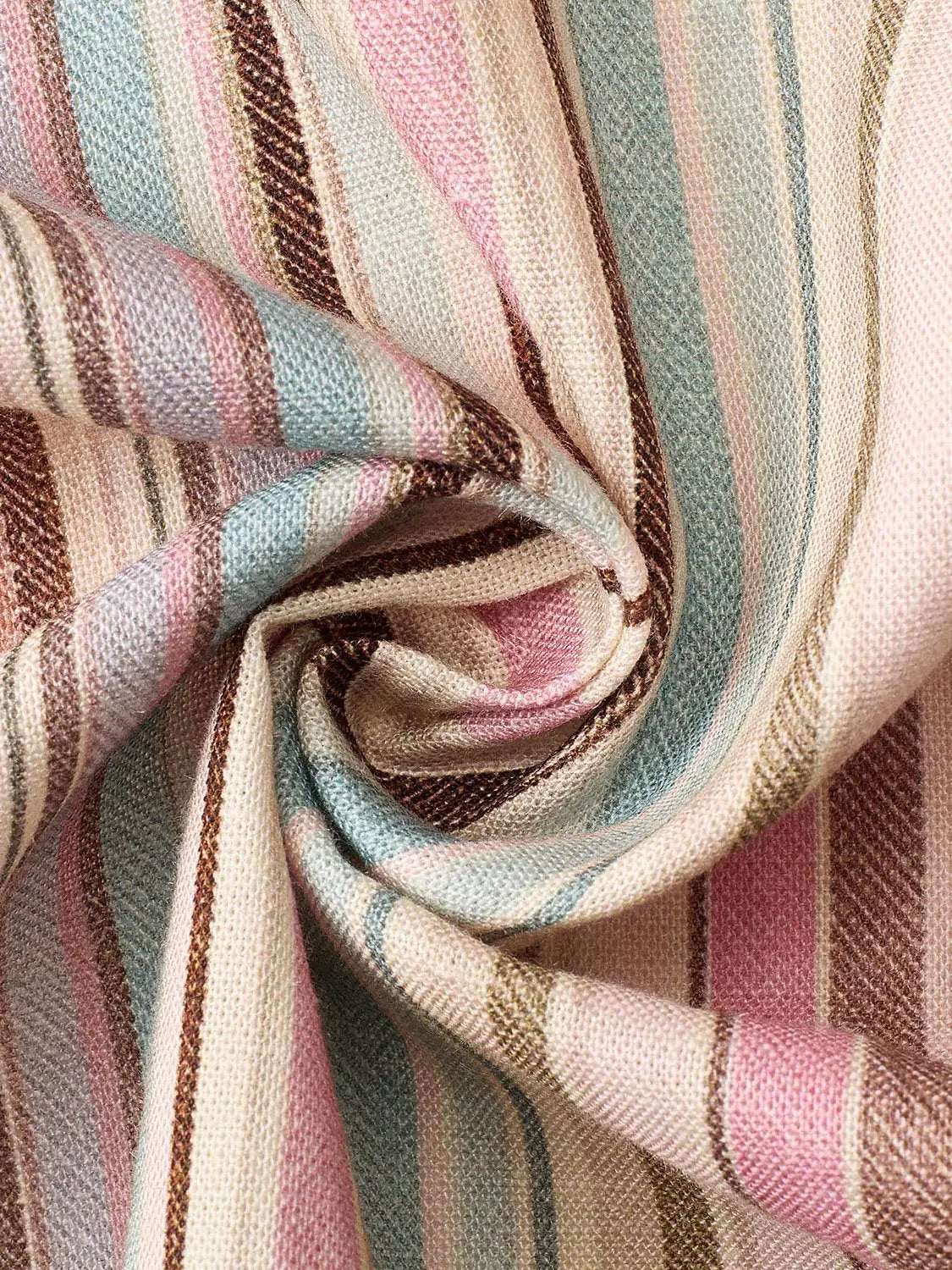 Dress, pastel striped A-Line fabric with pink, blue, beige and brown tones