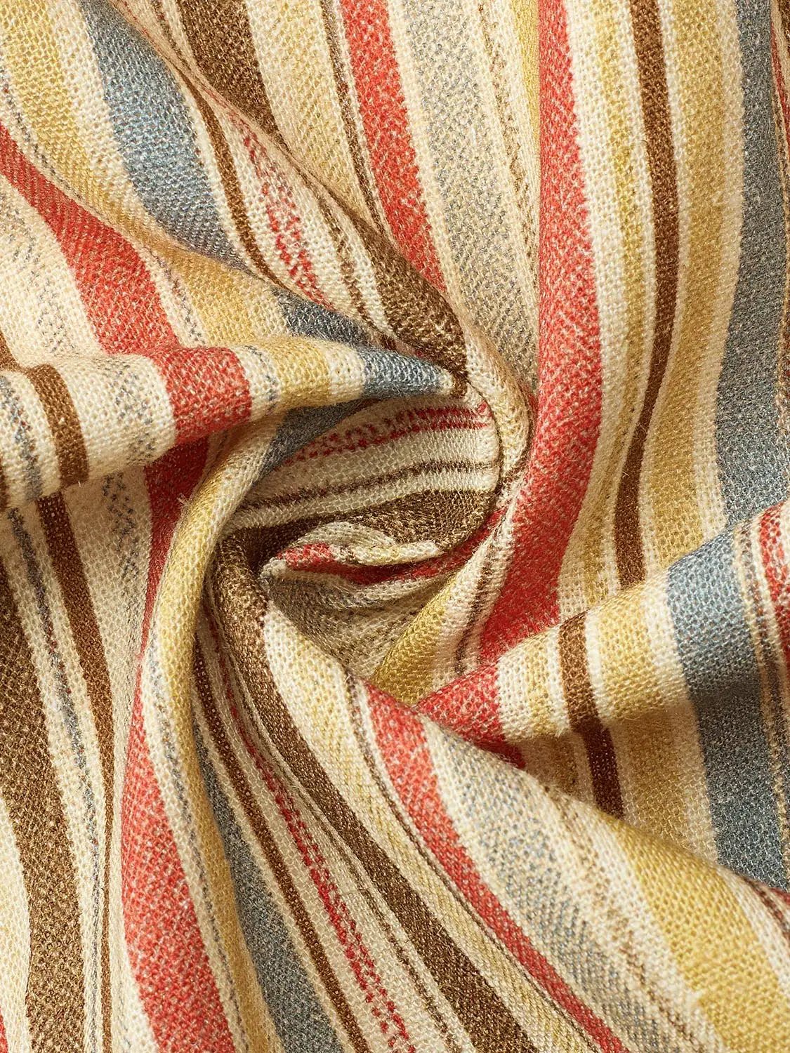 Dress fabric with multicolor striped woven pattern in yellow, red, brown and cream