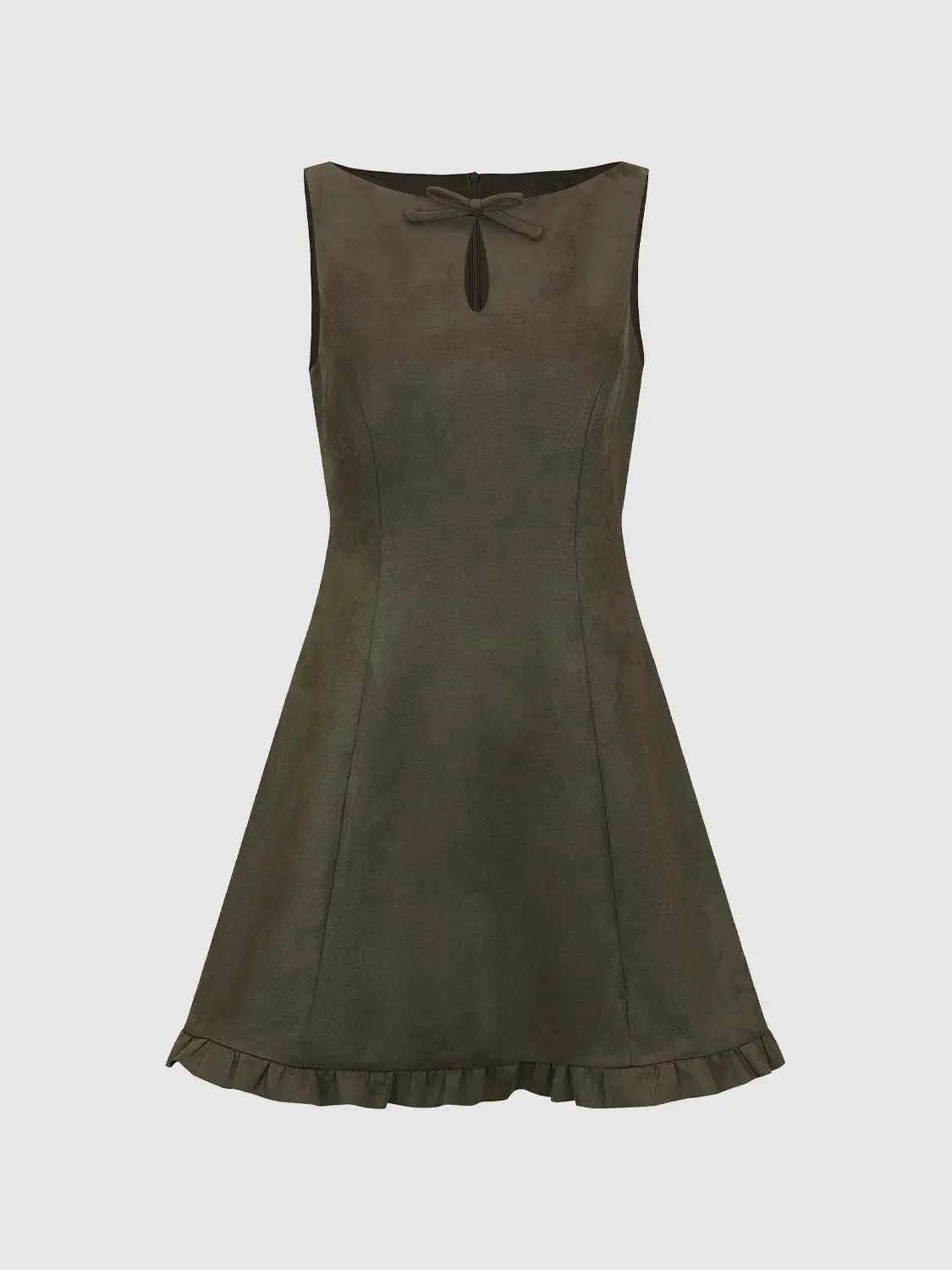 Ruffle Hem Bow Detail Sleeveless A-Line Mini Dress in olive green