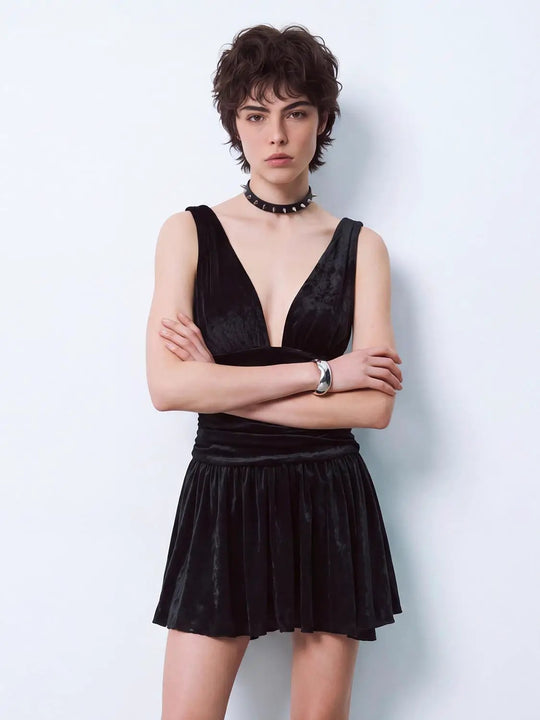 Ruched Pleated A-Line V-Neck Sleeveless Mini Dress