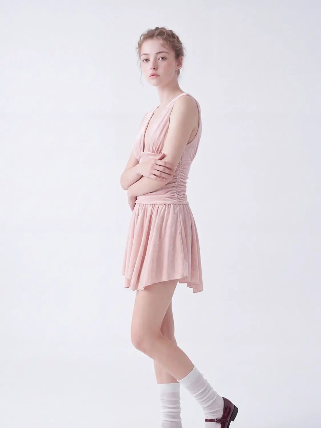 Pink sleeveless A-line dress with ruched bodice and flowing skirt, Urban Revivo Fashion