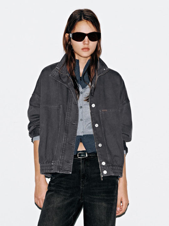 Funnel Neck Denim Bomber Jackets